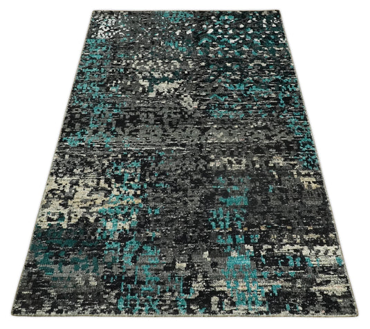 Hand Knotted Modern Abstract Contemporary Recycled Silk Area Rug, Charcoal, Ivory and Blue, 5x8 | OP6858