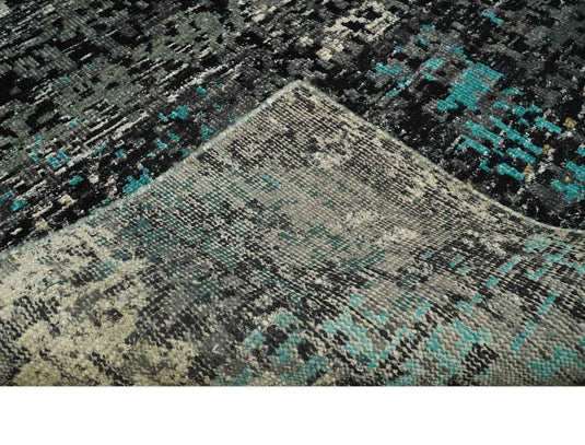 Hand Knotted Modern Abstract Contemporary Recycled Silk Area Rug, Charcoal, Ivory and Blue, 5x8 | OP6858