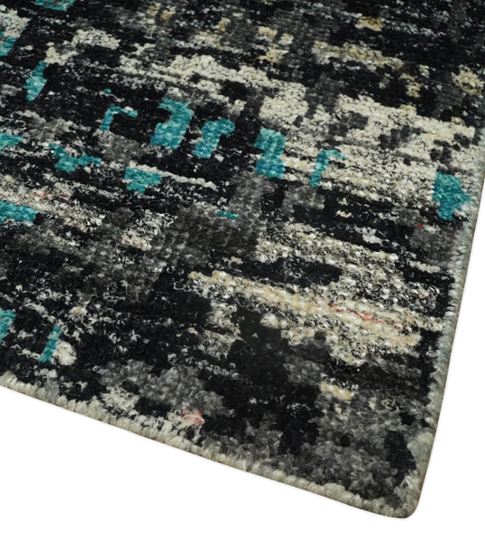 Hand Knotted Modern Abstract Contemporary Recycled Silk Area Rug, Charcoal, Ivory and Blue, 5x8 | OP6858