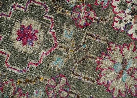 Antique Hand Knotted Persian made of Bamboo Silk Area Rug Moss Green, Beige and Pink, 5x8 | OP7058