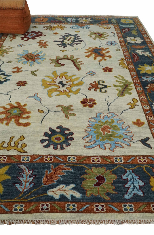 Colorful Wool Oushak Ivory, Teal and Rust Hand Knotted 6x9, 8x10, 9x12 and 10x14 Vintage Persian Rug, Bedroom, Living Room Rug | CP725
