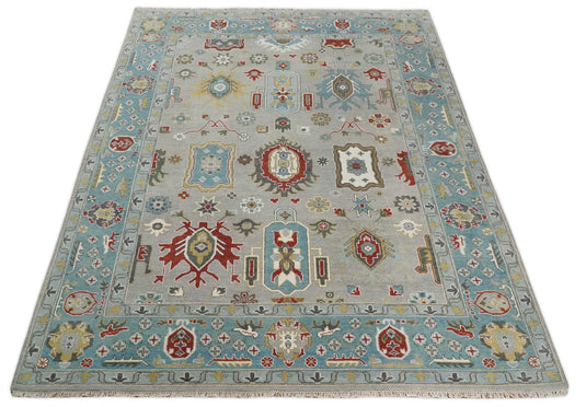 Hand knotted Turkish Oushak 10x14 Traditional Silver Blue Vibrant Colorful Rug, Vintage Antique Living Room and Bedroom | CP7291014