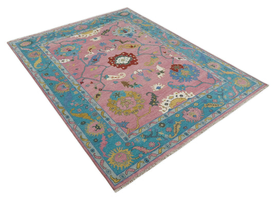 Oushak Pink and Blue 10x14 Hand Knotted Traditional Vintage Persian Style Antique Wool Rug | CP7401014