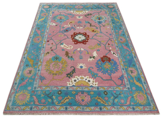 Oushak Pink and Blue 10x14 Hand Knotted Traditional Vintage Persian Style Antique Wool Rug | CP7401014