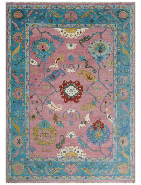 Oushak Pink and Blue 10x14 Hand Knotted Traditional Vintage Persian Style Antique Wool Rug | CP7401014