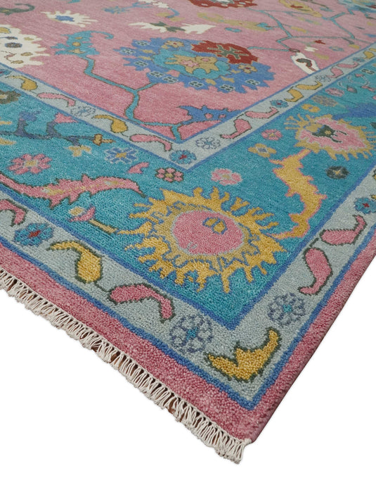 Oushak Pink and Blue 10x14 Hand Knotted Traditional Vintage Persian Style Antique Wool Rug | CP7401014