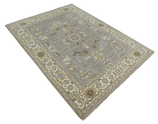 Traditional Silver, Ivory and Brown Hand knotted 9x12 Vintage Oriental Oushak Area Rug, Living Room, Dinning and Kitchen Rug | CP741912