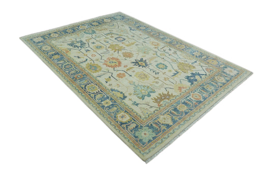 Traditional Ivory, Blue and Gold Hand knotted 9x12 Vintage Oriental Oushak Area Rug, Living Room, Dinning and Kitchen Rug | CP812912