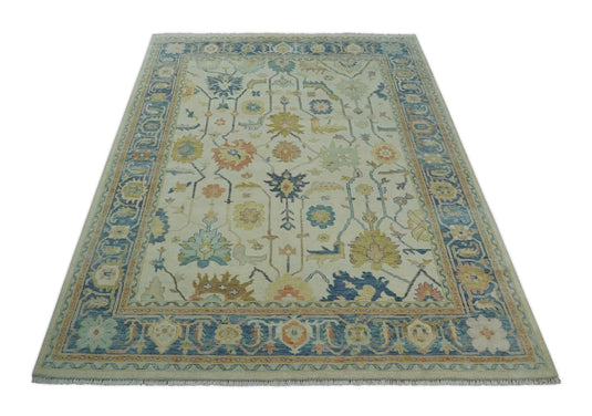Traditional Ivory, Blue and Gold Hand knotted 9x12 Vintage Oriental Oushak Area Rug, Living Room, Dinning and Kitchen Rug | CP812912