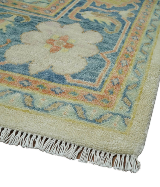 Traditional Ivory, Blue and Gold Hand knotted 9x12 Vintage Oriental Oushak Area Rug, Living Room, Dinning and Kitchen Rug | CP812912