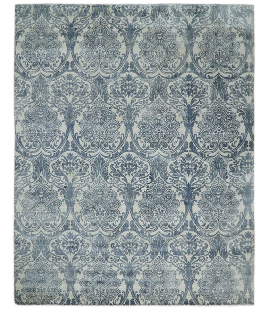 Handmade Blended Wool and Bamboo Silk Damask Design Area Rug, Ivory and Blue, 8x10 | QT13