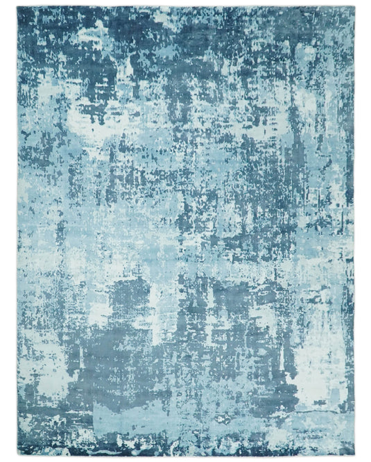 Oversize Large Abstract Blended Wool and Bamboo Silk Area Rug, Blue and White, 8x10, 9x12,10x14  | QT14