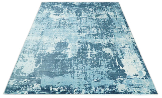 Oversize Large Abstract Blended Wool and Bamboo Silk Area Rug, Blue and White, 8x10, 9x12,10x14  | QT14