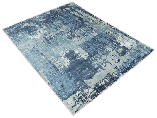 Abstract Modern Bamboo Silk Area Rug, Living Room Rug, Bedroom rug and Dinning room Rug, Blue and grey, 8x10 | QT19810