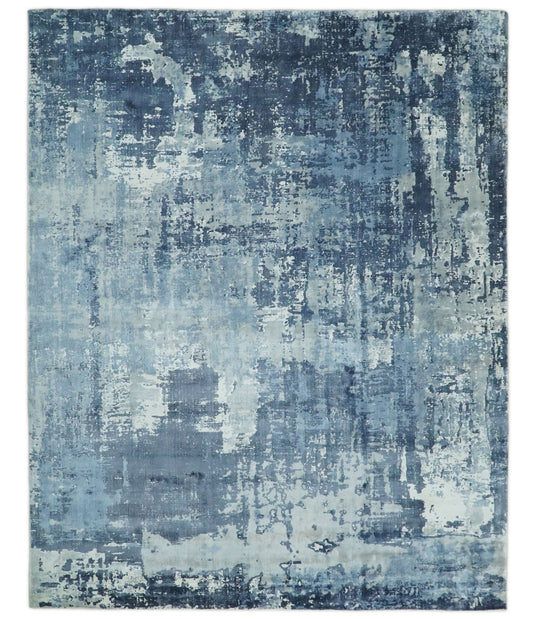 Abstract Modern Bamboo Silk Area Rug, Living Room Rug, Bedroom rug and Dinning room Rug, Blue and grey, 8x10 | QT19810