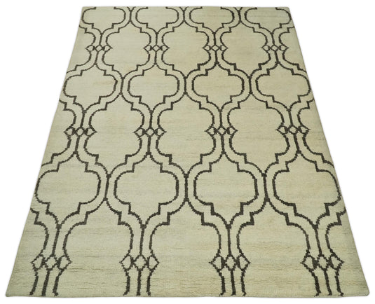 Modern Moroccan Trellis Natural Farmhouse Wool Hand Woven Rug, Ivory and Brown, 6x8 | HL1