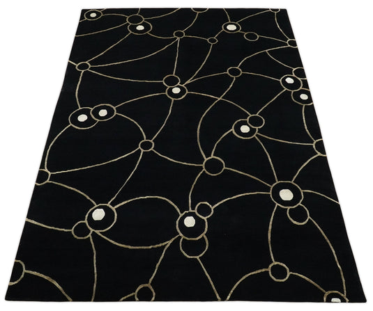 Modern Wool and Silk Hand Woven Rug, Black and Gold, 6x8 | HL368