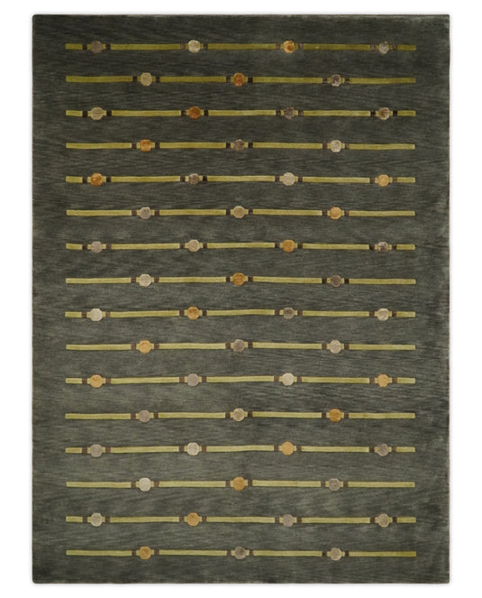 Tribal Chinese inspired Wool and silk Hand Woven Rug, Grey and Olive, 6x8 | HL568