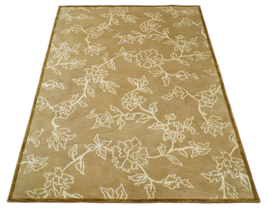 Floral Wool and Silk Hand Woven Rug, Brown and Ivory rug, 6x8 | HL668