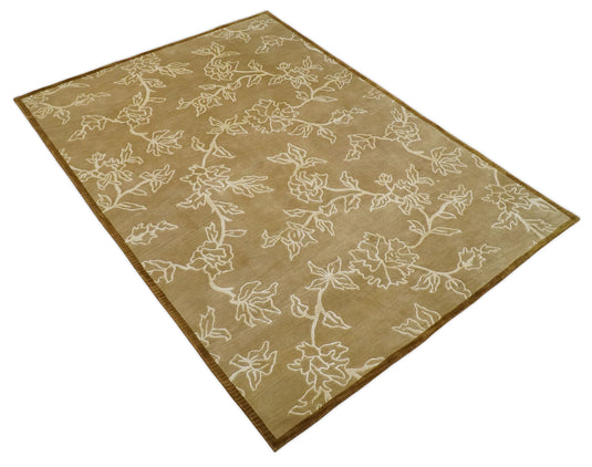 Floral Wool and Silk Hand Woven Rug, Brown and Ivory rug, 6x8 | HL668