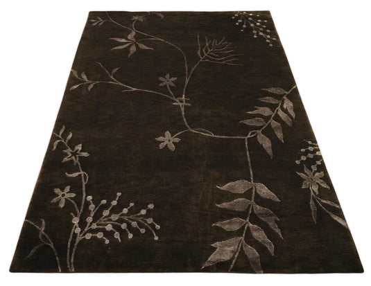 Floral Wool and Silk Hand Woven Rug, Dark brown and Copper, 6x8 | HL768