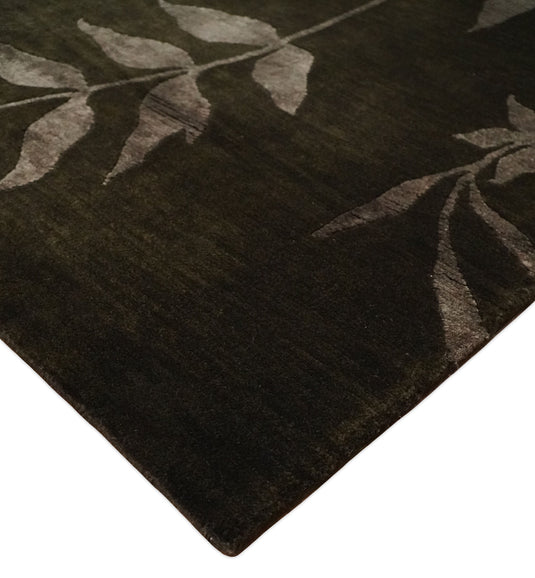 Floral Wool and Silk Hand Woven Rug, Dark brown and Copper, 6x8 | HL768