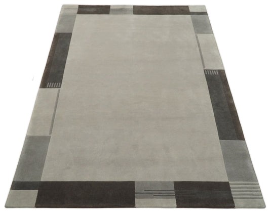 Modern Scandinavian Wool Hand Woven Area Rug, Silver and Grey,6x8 | HL868