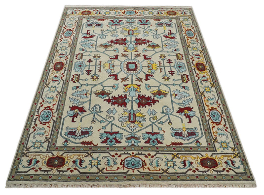 Traditional Hand knotted Oushak 8x10 Wool Persian White , Red and Blue Vibrant Colorful Area Rug | CP788810