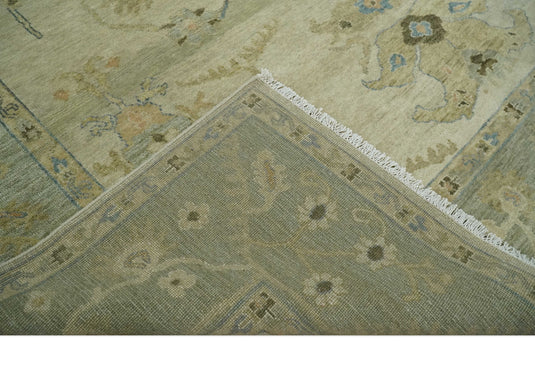 Traditional Beige and Moss Green Hand knotted 9x12 Vintage Oriental Oushak Area Rug, Living Room, Dinning and Kitchen Rug | CP818912