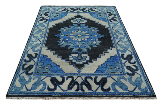 Black, Blue and Ivory Wool 5x8, 6x9, 8x10 and 9x12 Traditional Antique Vintage Persian Hand knotted Area Rug | CP822