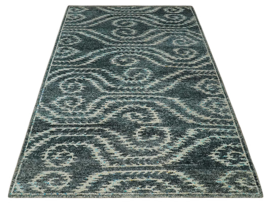 Hand Knotted Modern Contemporary Southwestern Tribal Trellis Recycled Silk Area Rug, Dark Teal and Ivory, 5X8