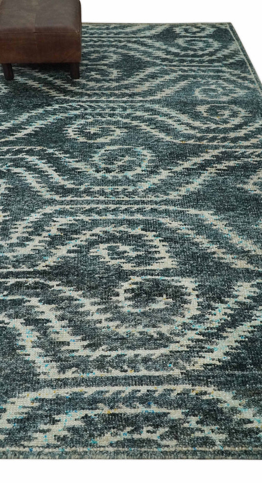 Hand Knotted Modern Contemporary Southwestern Tribal Trellis Recycled Silk Area Rug, Dark Teal and Ivory, 5X8