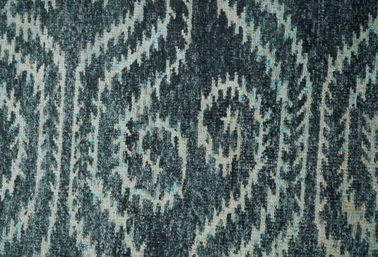 Hand Knotted Modern Contemporary Southwestern Tribal Trellis Recycled Silk Area Rug, Dark Teal and Ivory, 5X8