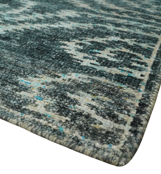 Hand Knotted Modern Contemporary Southwestern Tribal Trellis Recycled Silk Area Rug, Dark Teal and Ivory, 5X8