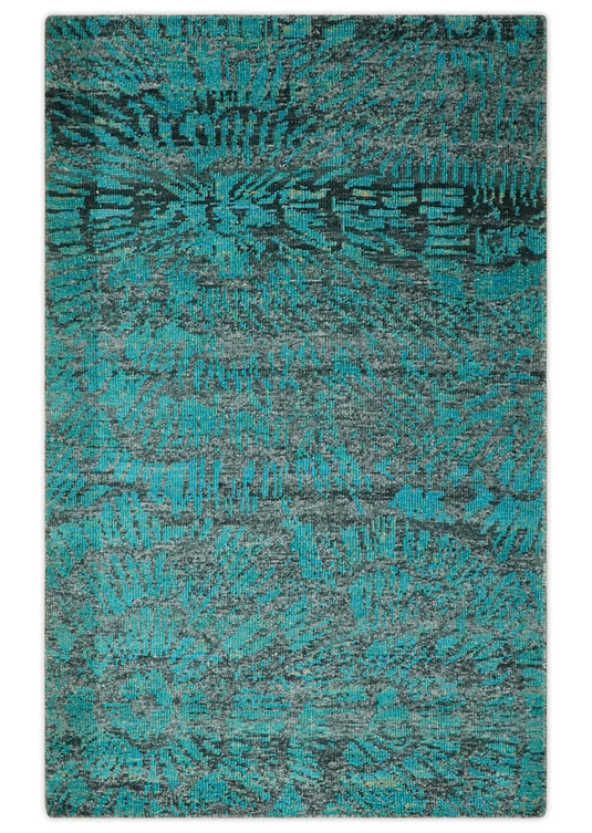 Hand Knotted Modern Style Contemporary Recycled Silk Area Rug,  Charcoal and Teal Blue, 5X8