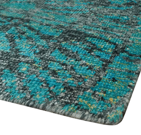 Hand Knotted Modern Style Contemporary Recycled Silk Area Rug,  Charcoal and Teal Blue, 5X8