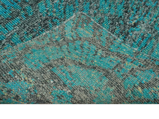 Hand Knotted Modern Style Contemporary Recycled Silk Area Rug,  Charcoal and Teal Blue, 5X8