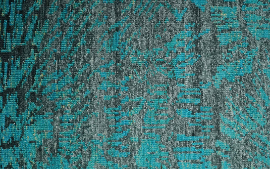 Hand Knotted Modern Style Contemporary Recycled Silk Area Rug,  Charcoal and Teal Blue, 5X8