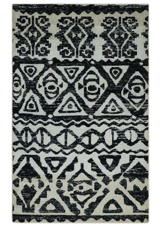 Hand Knotted Antique Persian Style Contemporary Recycled Silk Area Rug, Ivory and Black , 5X8