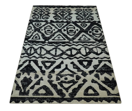 Hand Knotted Antique Persian Style Contemporary Recycled Silk Area Rug, Ivory and Black , 5X8