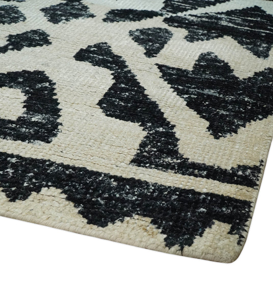 Hand Knotted Antique Persian Style Contemporary Recycled Silk Area Rug, Ivory and Black , 5X8