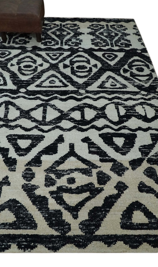 Hand Knotted Antique Persian Style Contemporary Recycled Silk Area Rug, Ivory and Black , 5X8