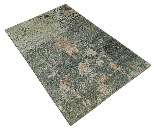 Hand Knotted Modern Abstract Contemporary Recycled Silk Area Rug, Moss Green, Peach and Teal, 5X8