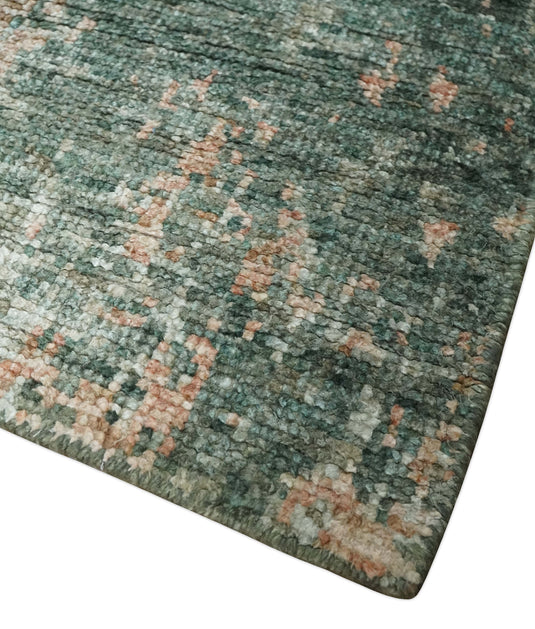 Hand Knotted Modern Abstract Contemporary Recycled Silk Area Rug, Moss Green, Peach and Teal, 5X8