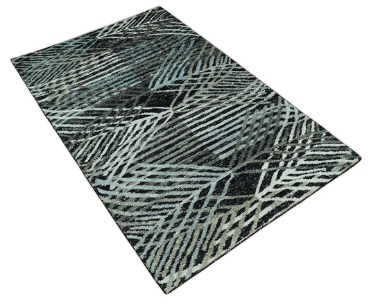 Hand Knotted Modern Style Contemporary Recycled Silk Area Rug, Black, Ivory and Teal, 5X8