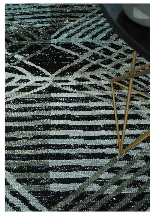 Hand Knotted Modern Style Contemporary Recycled Silk Area Rug, Black, Ivory and Teal, 5X8