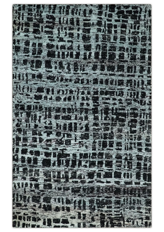 Hand Knotted Modern Abstract Contemporary Recycled Silk Area Rug, Black and Silver, 5X8