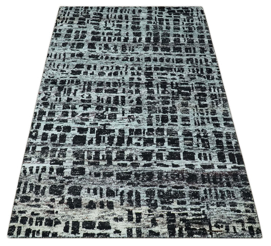 Hand Knotted Modern Abstract Contemporary Recycled Silk Area Rug, Black and Silver, 5X8