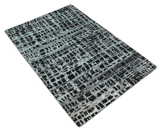 Hand Knotted Modern Abstract Contemporary Recycled Silk Area Rug, Black and Silver, 5X8