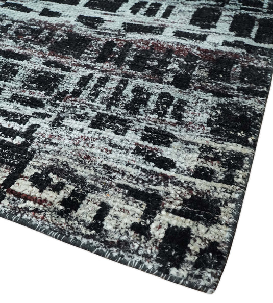 Hand Knotted Modern Abstract Contemporary Recycled Silk Area Rug, Black and Silver, 5X8